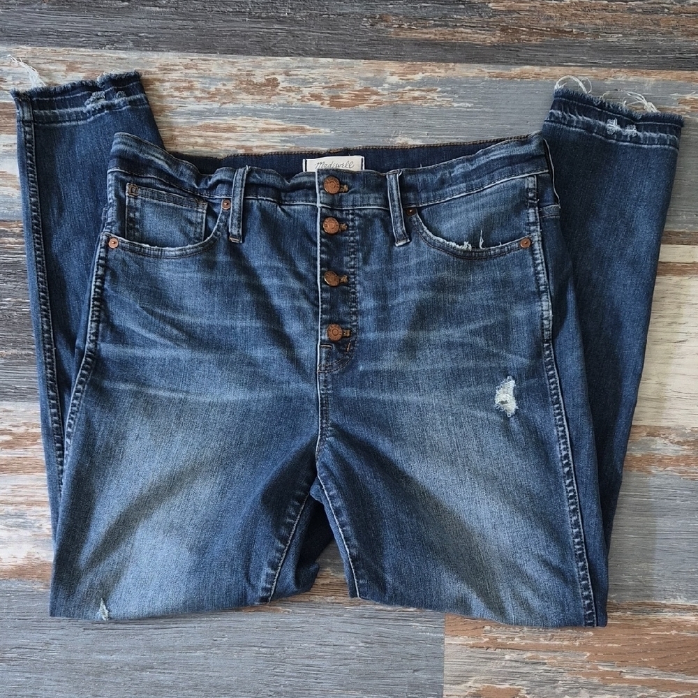 Madewell 10" High-Rise Skinny Jeans Button Front Raw Distressed Hem 32